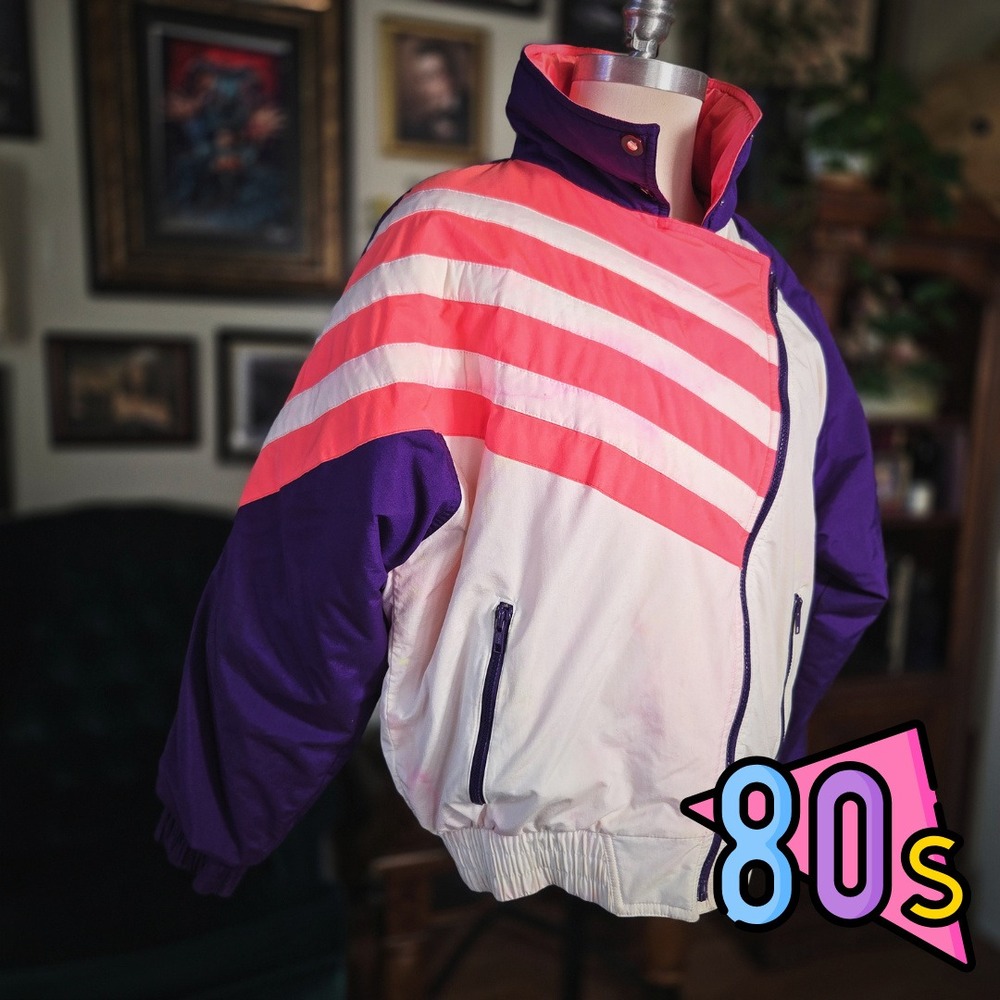 White Stag Ski Jacket Vintage 80s Purple Pink Colorblock Neon Striped Windbreak